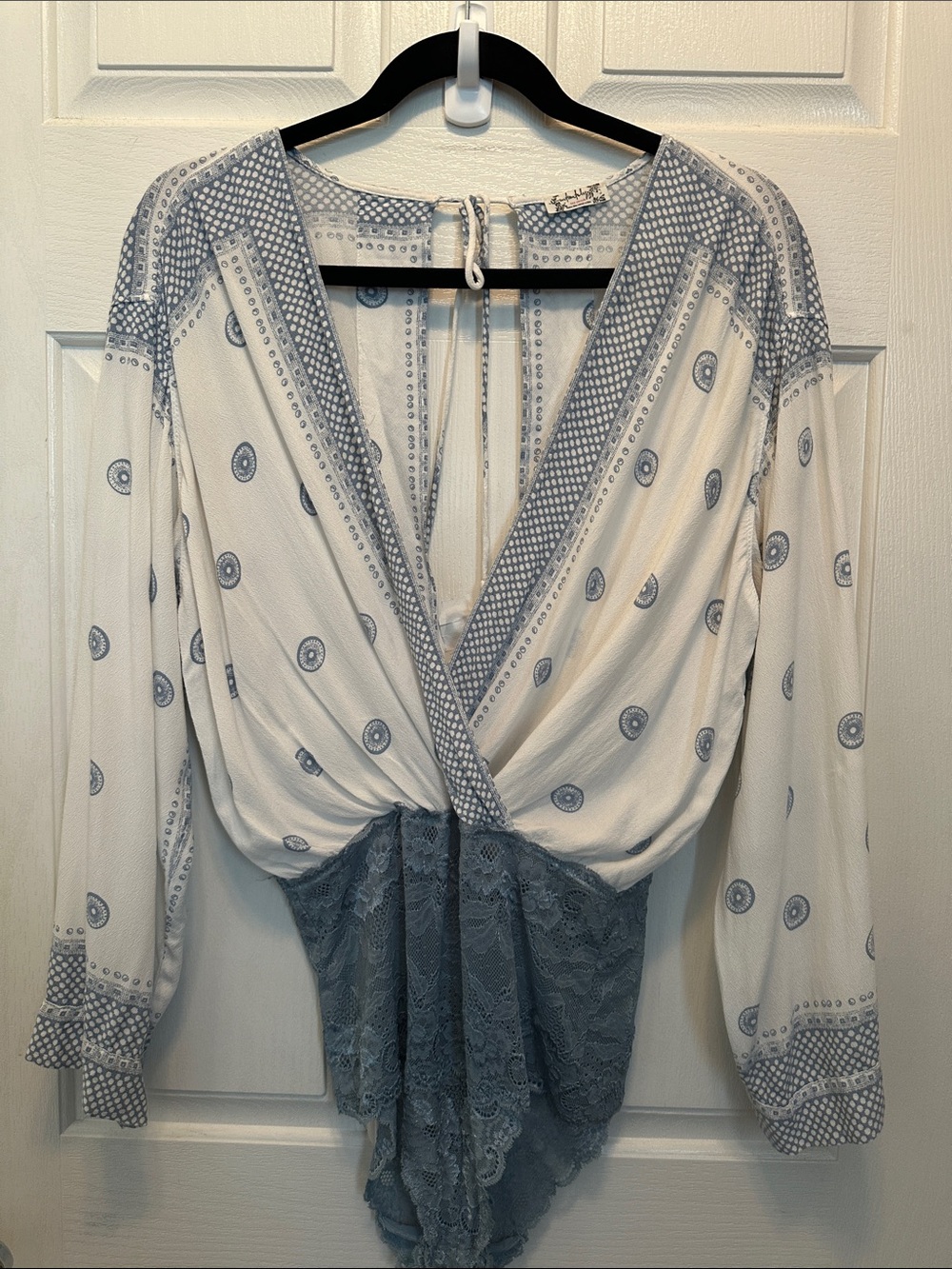 Intimately Free People Blue & White Lace Wrap-Front Bodysuit Size Small